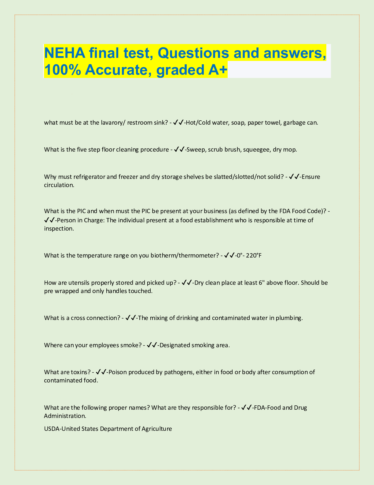 Preview image for NEHA final test, Questions and answers,  100% Accurate, graded A